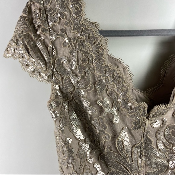 Tadashi Shoji 6 Gold Sequin Lace Floral Sheer Cocktail Party MOB Dress Paillette - Picture 9 of 12